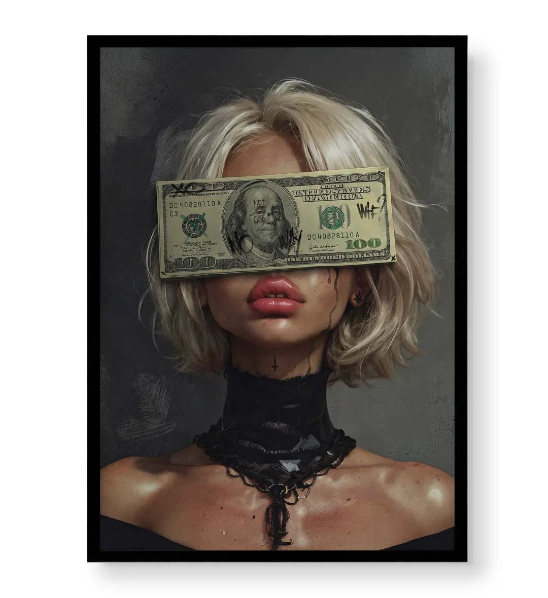 Rebellious canvas wall art with money over eyes and graffiti, great for modern Indian home decor.