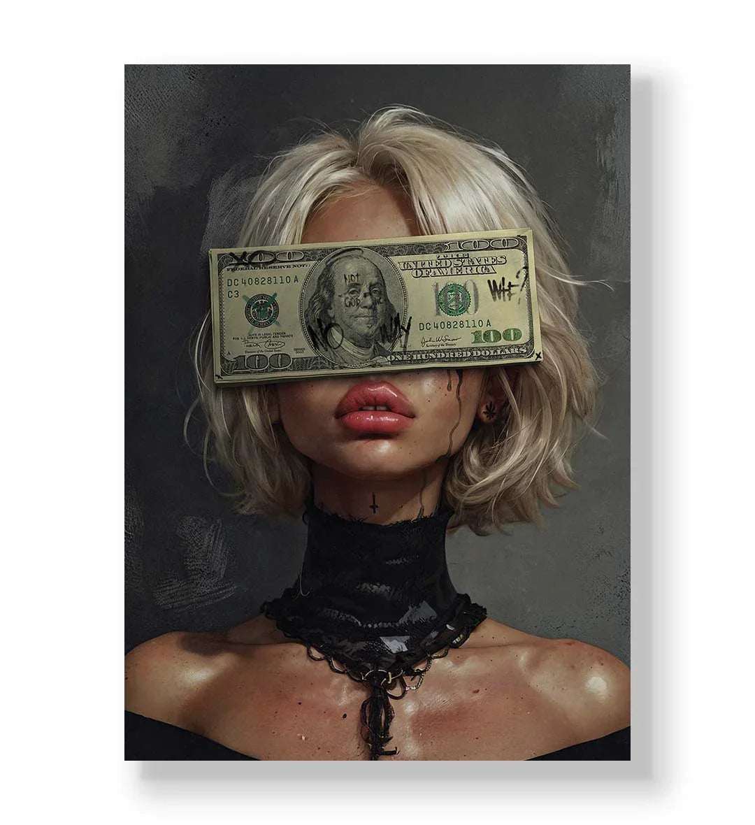 Rebellious canvas wall art with money over eyes and graffiti, great for modern Indian home decor.