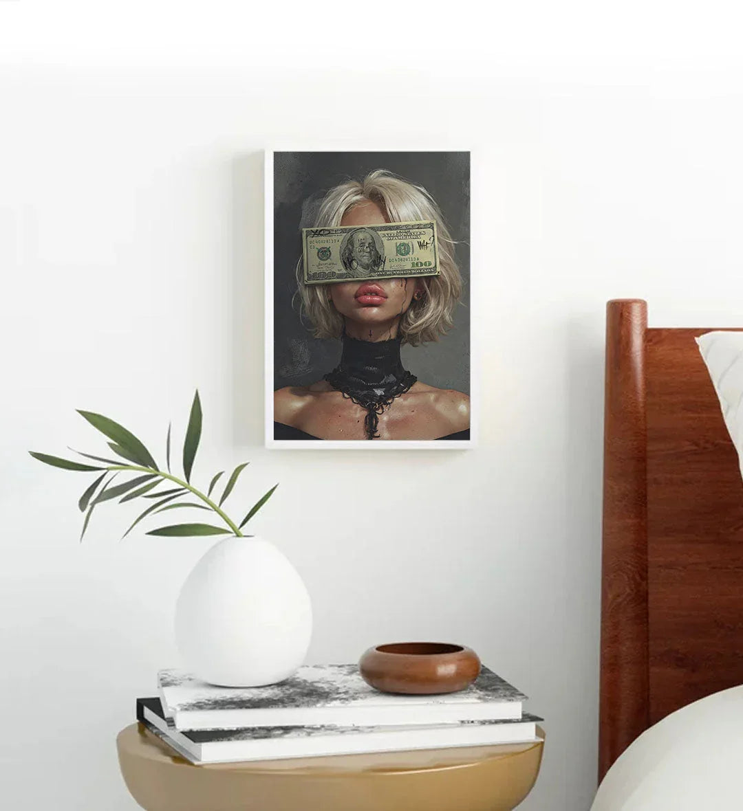 Rebellious canvas wall art with money over eyes and graffiti, great for modern Indian home decor.