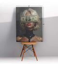 Rebellious canvas wall art with money over eyes and graffiti, great for modern Indian home decor.