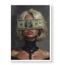 Rebellious canvas wall art with money over eyes and graffiti, great for modern Indian home decor.