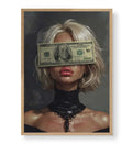 Rebellious canvas wall art with money over eyes and graffiti, great for modern Indian home decor.