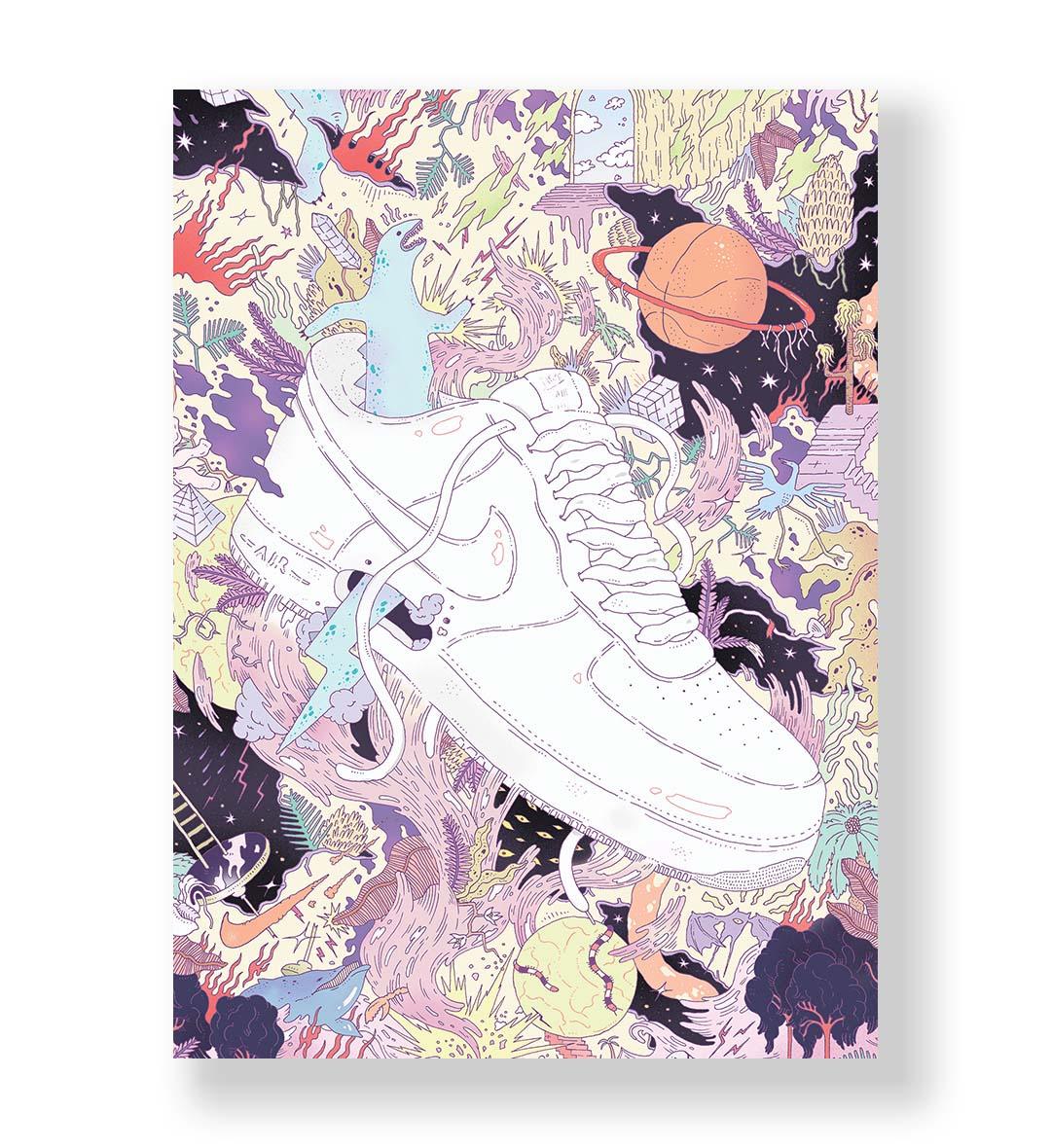 Air Force Cosmic Clash surreal bar wall art canvas print with Nike Air Force sneaker for Indian home decor.