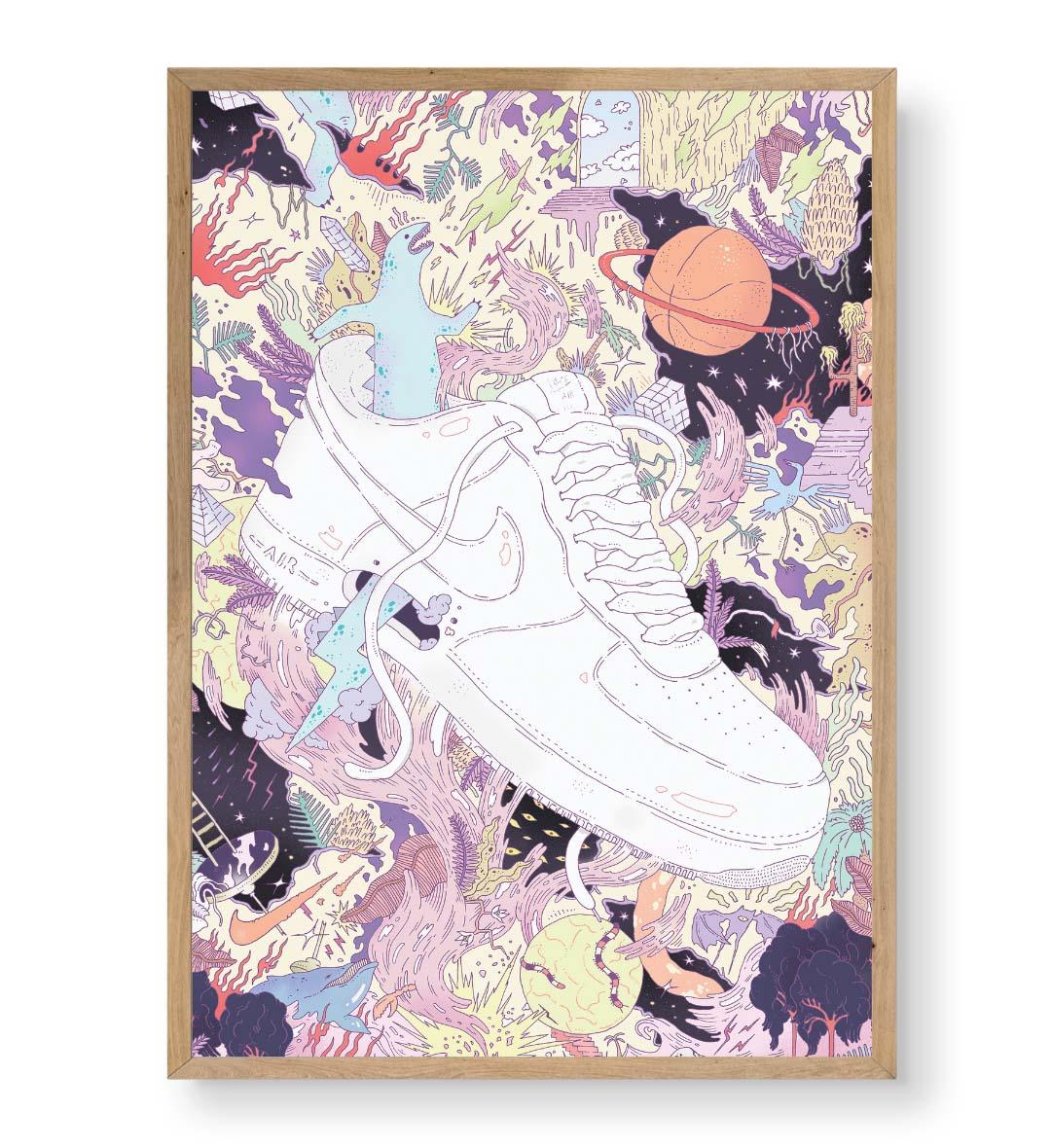 Air Force Cosmic Clash surreal bar wall art canvas print with Nike Air Force sneaker for Indian home decor.