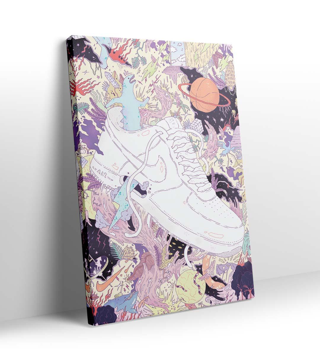 Air Force Cosmic Clash surreal bar wall art canvas print with Nike Air Force sneaker for Indian home decor.