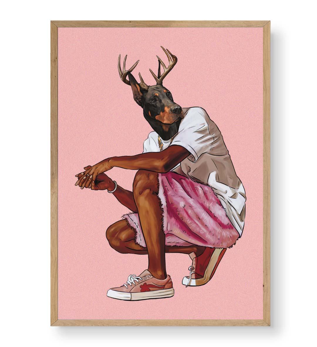 Framed artwork of a dog with deer antlers wearing a white shirt and pink shorts on a pink background.
