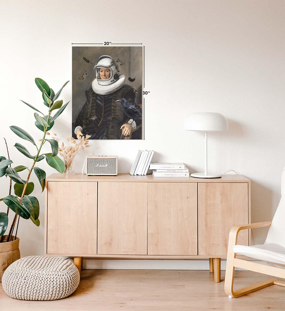 Astronaut in Renaissance Surreal Wall Art with Raven and Butterflies in Muted Tones for Indian Home Decor