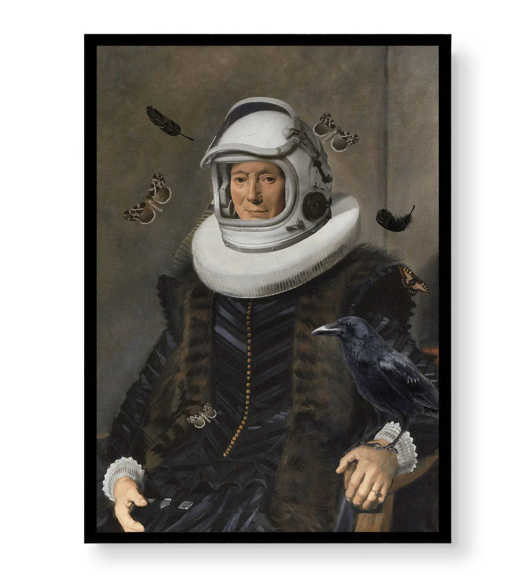 Astronaut in Renaissance Surreal Wall Art with Raven and Butterflies in Muted Tones for Indian Home Decor