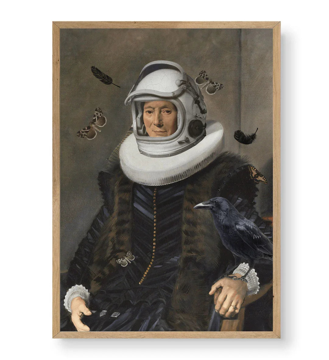 Astronaut in Renaissance Surreal Wall Art with Raven and Butterflies in Muted Tones for Indian Home Decor