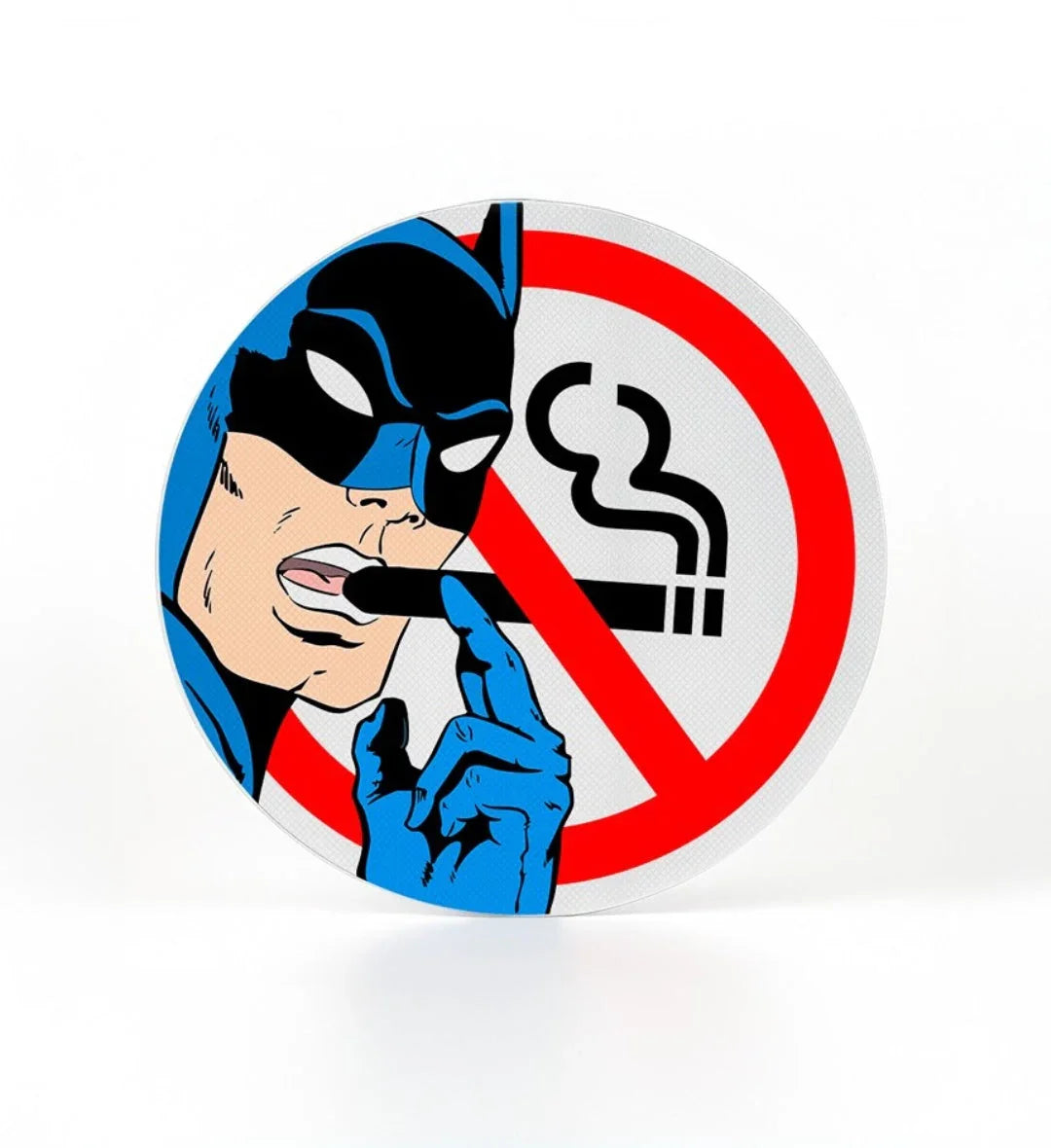 Elegant "No Smoking" decorative sign, superhero character against a no-smoking symbol on a white background.