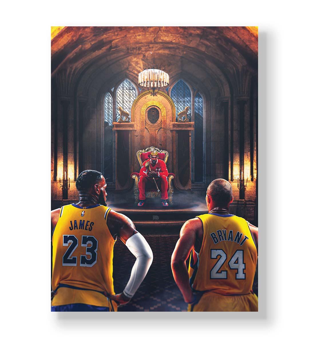 Court Kings canvas wall art featuring LeBron James, Kobe Bryant, and Michael Jordan for Indian home decor.
