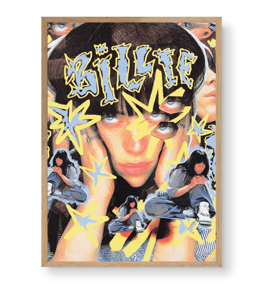 Billie Eilish Cosmic Vibe pop icon wall art with yellow stars and blue accents for Indian home decor.