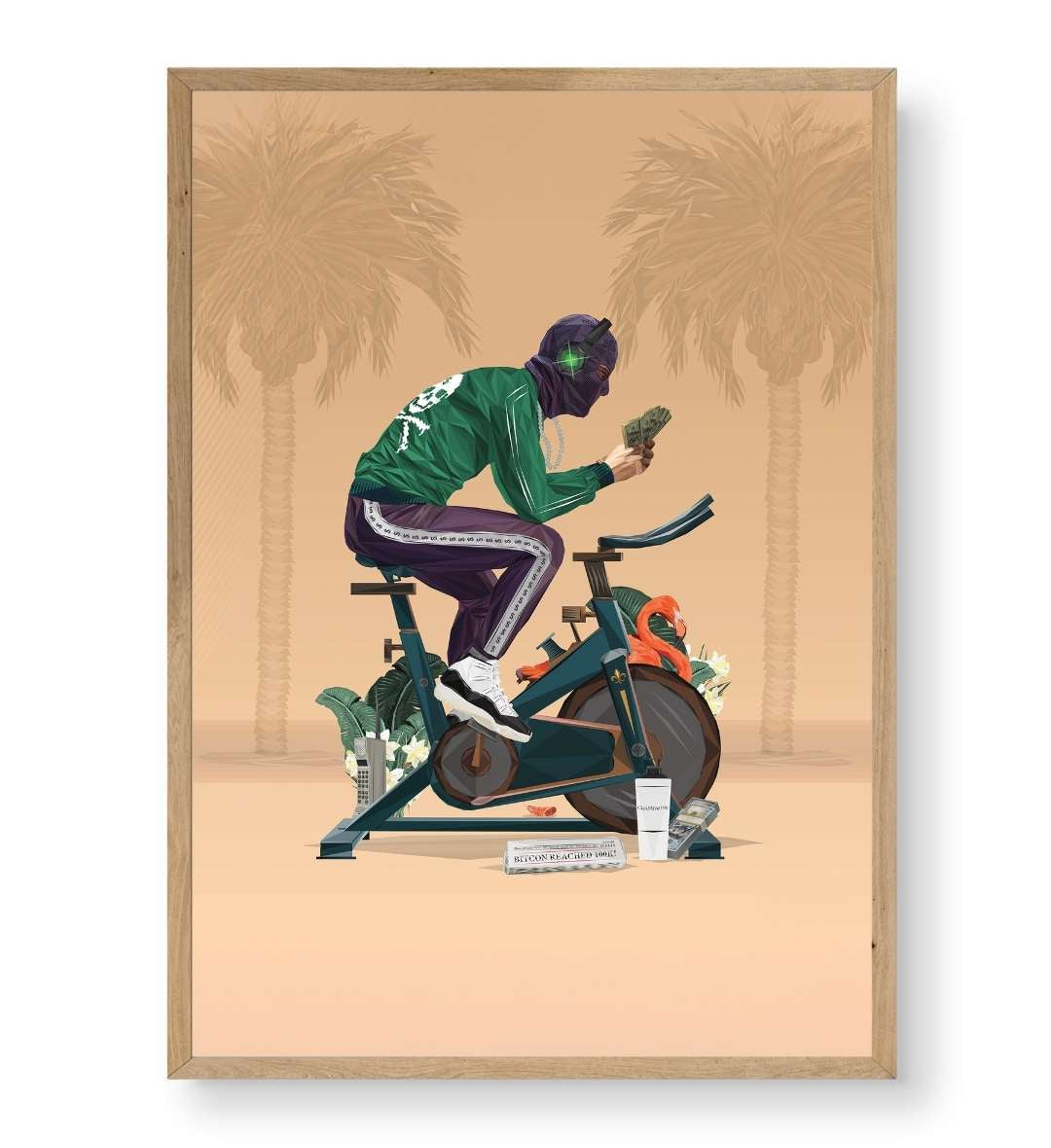 Hallway display with framed Bitcoin 100K Cyclist art print by Artlier.