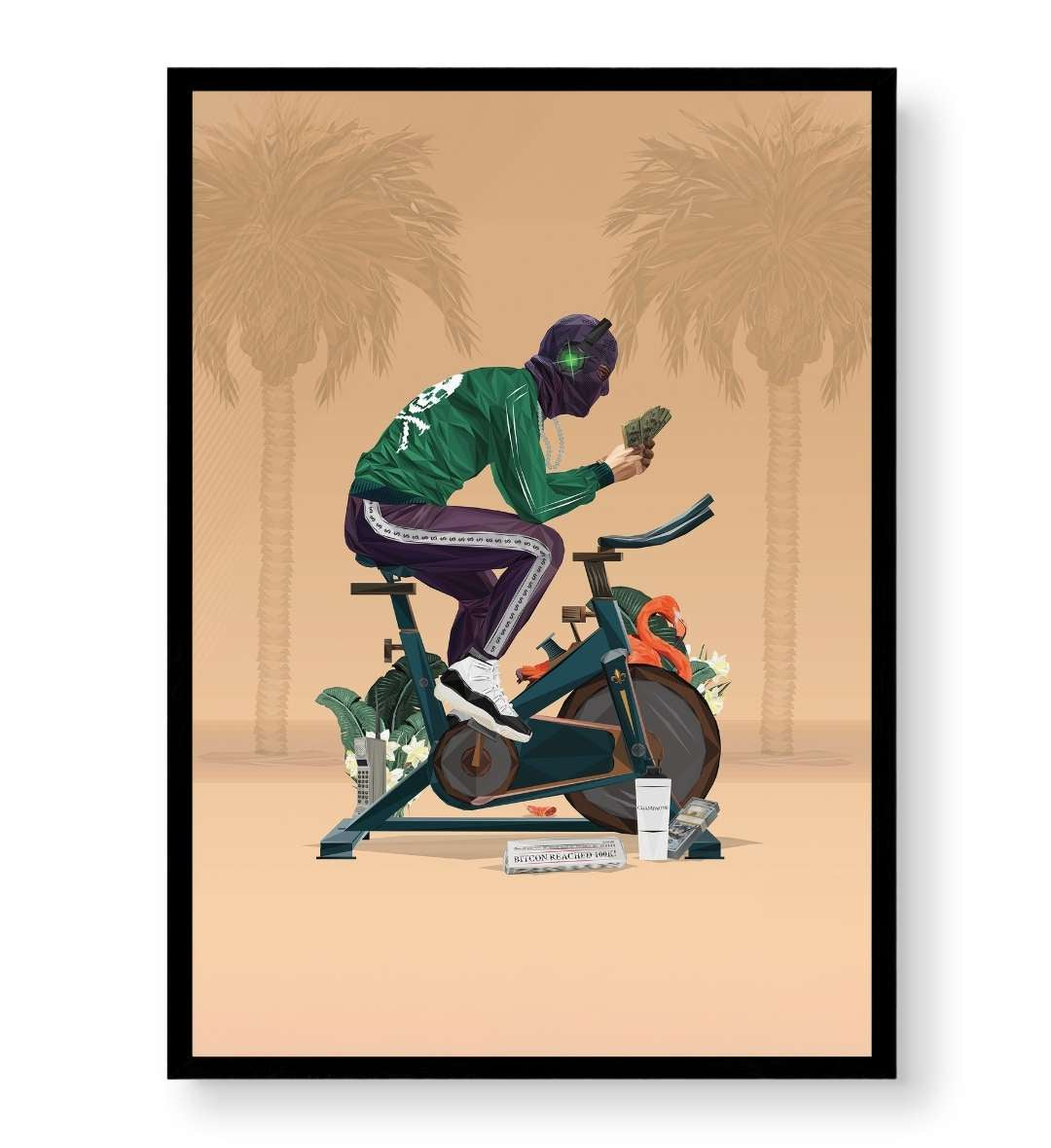 Home gym decor idea with hustle culture and fitness art.
