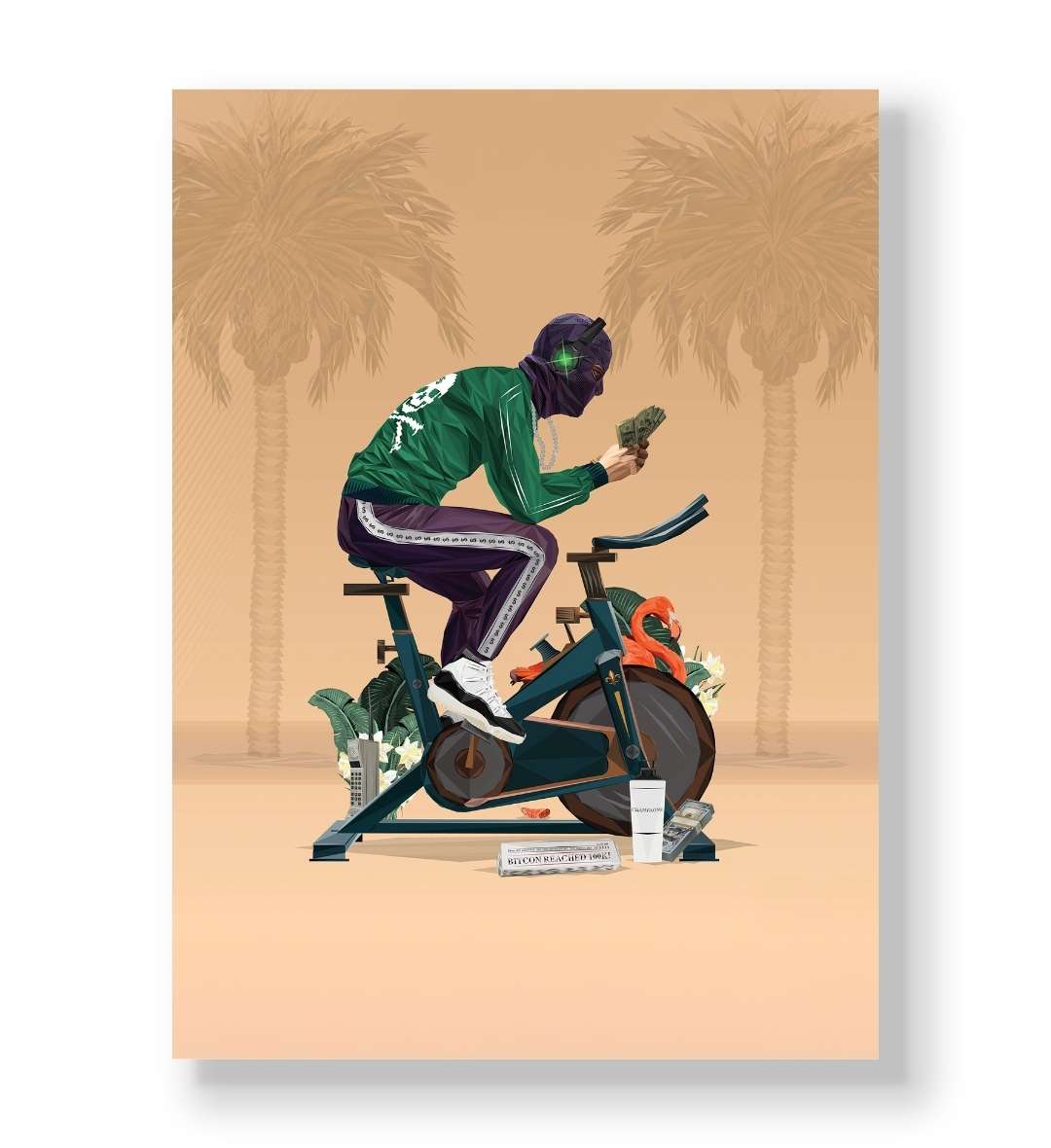 Masked figure riding exercise bike while counting money with Bitcoin 100K newspaper canvas art.