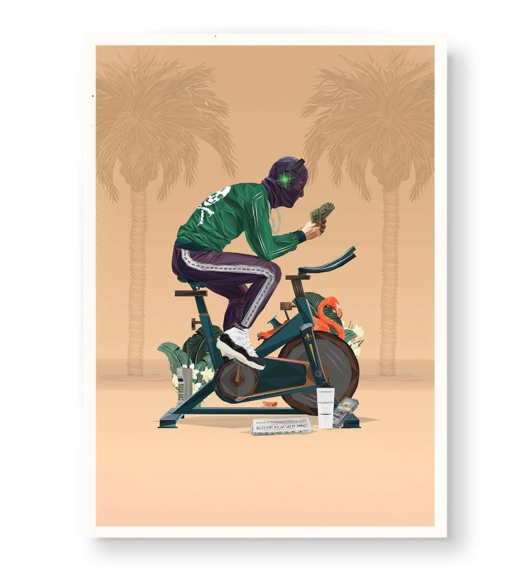 Edgy bachelor pad living room with colorful bitcoin motivation canvas print.