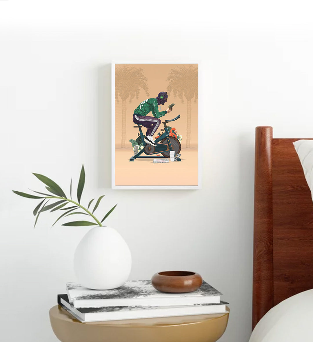 Modern trading station setup featuring geometric crypto trader wall art.