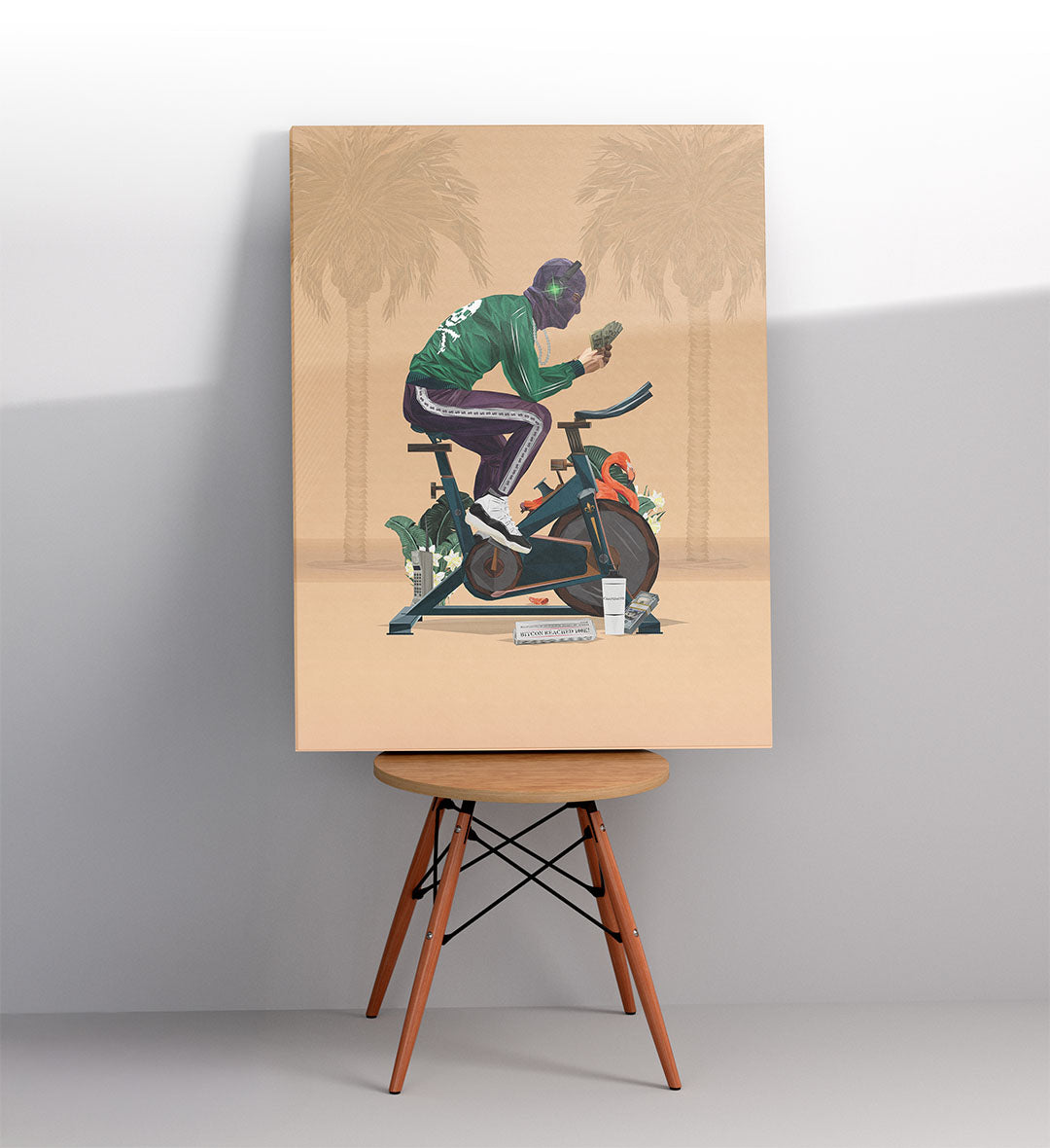 Side view of Bitcoin 100K Cyclist canvas showing gallery wrap depth.