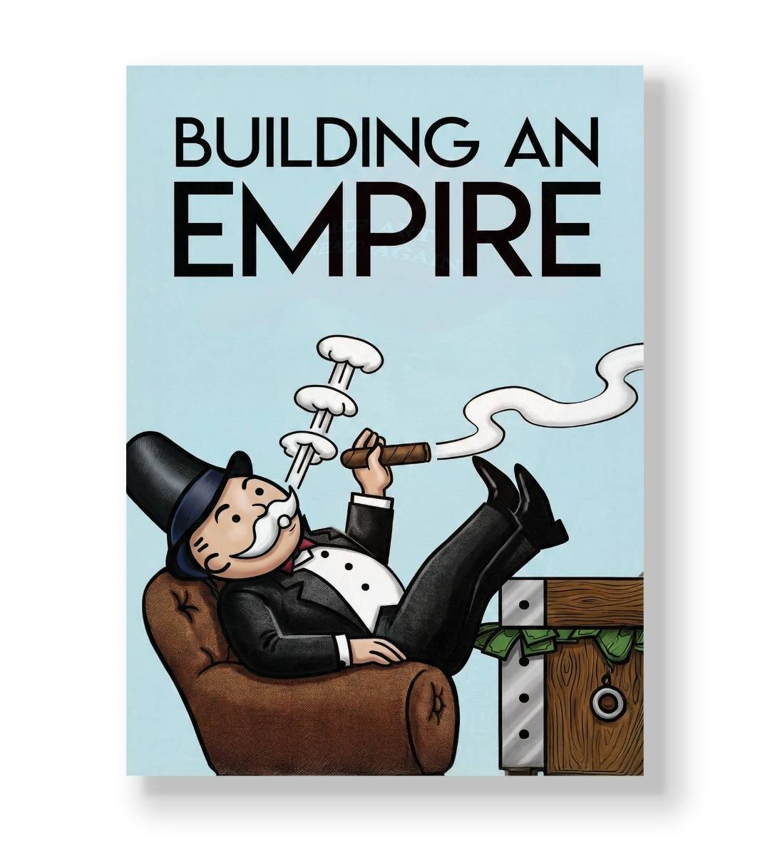Monopoly Man relaxing with cigar and "Building An Empire" text canvas wall art.