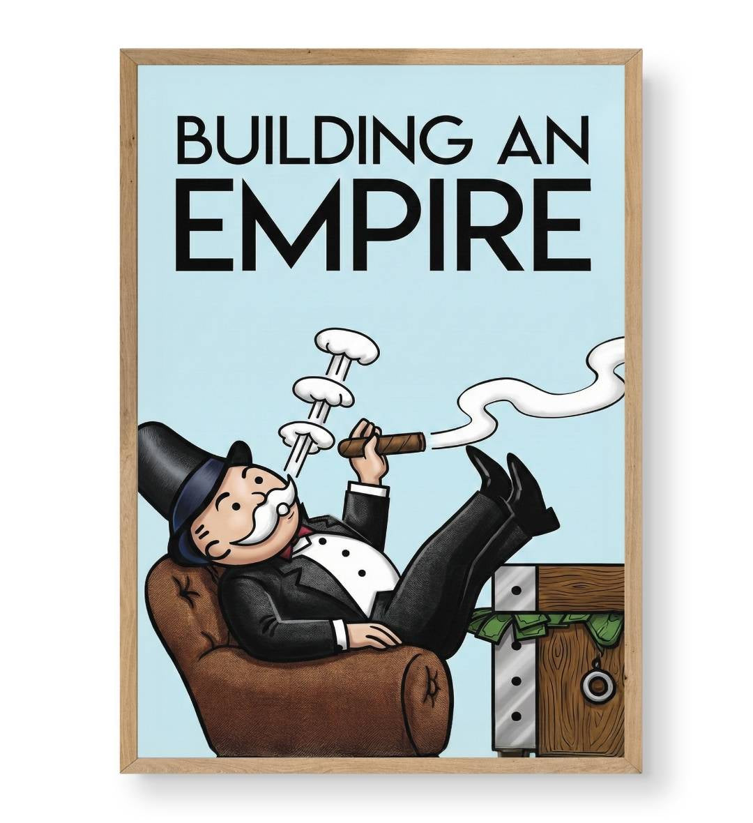 Hallway display with framed Building An Empire art by Artlier.