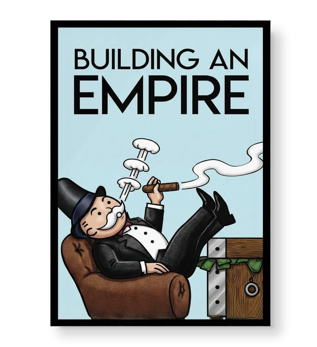 Startup workspace styled with inspirational empire building wall hanging.