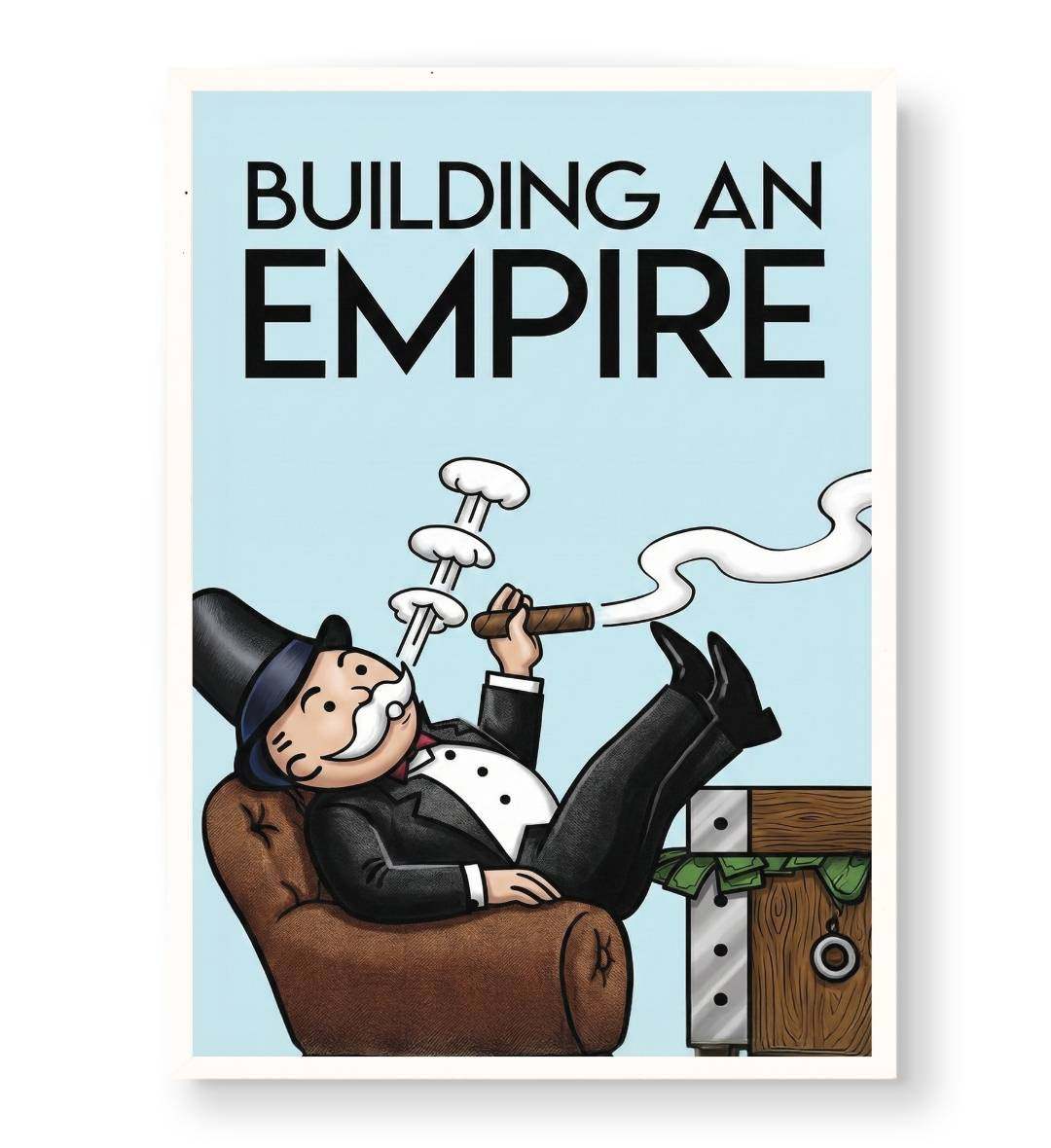 Modern CEO office setup featuring motivational Monopoly empire art.