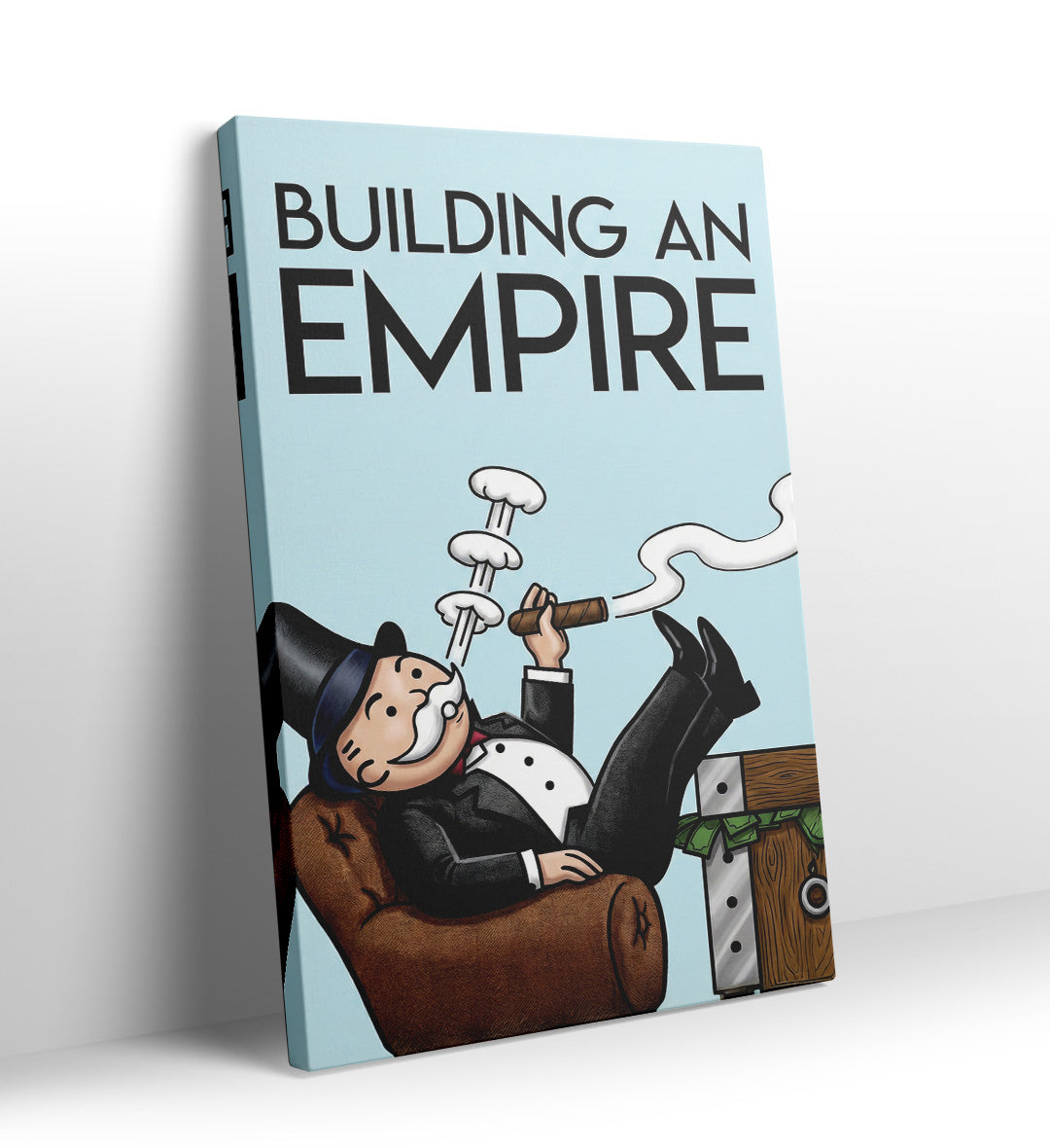 Monopoly Man relaxing with cigar and "Building An Empire" text canvas wall art.