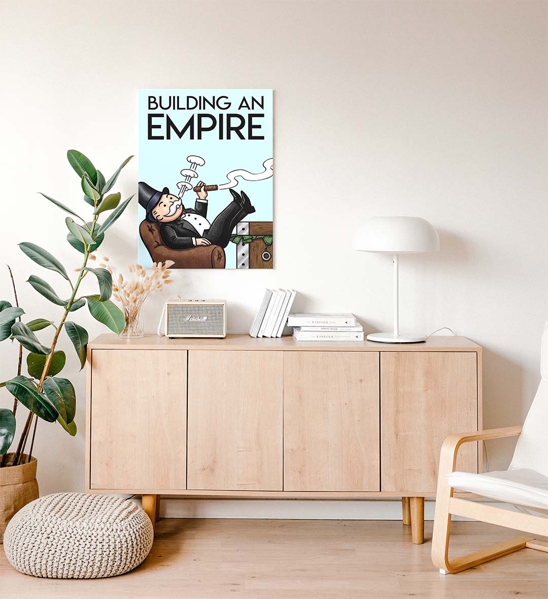 Side view of Building An Empire canvas showing sturdy wooden frame depth.