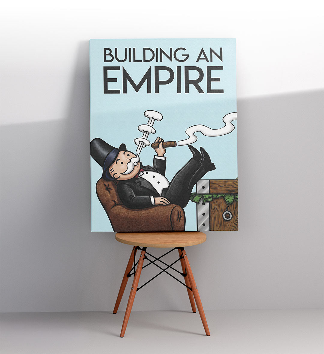 Man cave decor idea with relaxing Monopoly Man illustration.