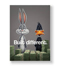 Bugs Bunny and Daffy Duck standing behind stacks of money with 