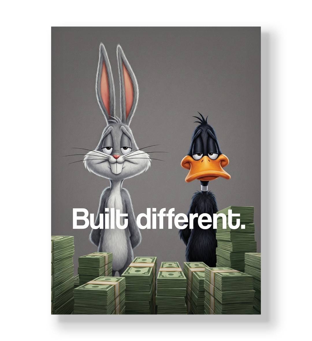 Bugs Bunny and Daffy Duck standing behind stacks of money with "Built different" text canvas wall art.