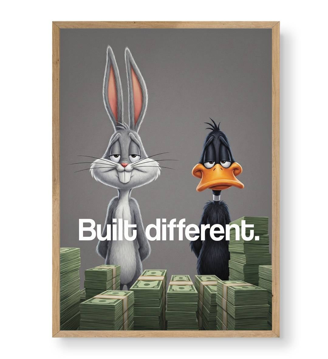 Detail of the tired expressions on the cartoon characters and the bundles of cash.