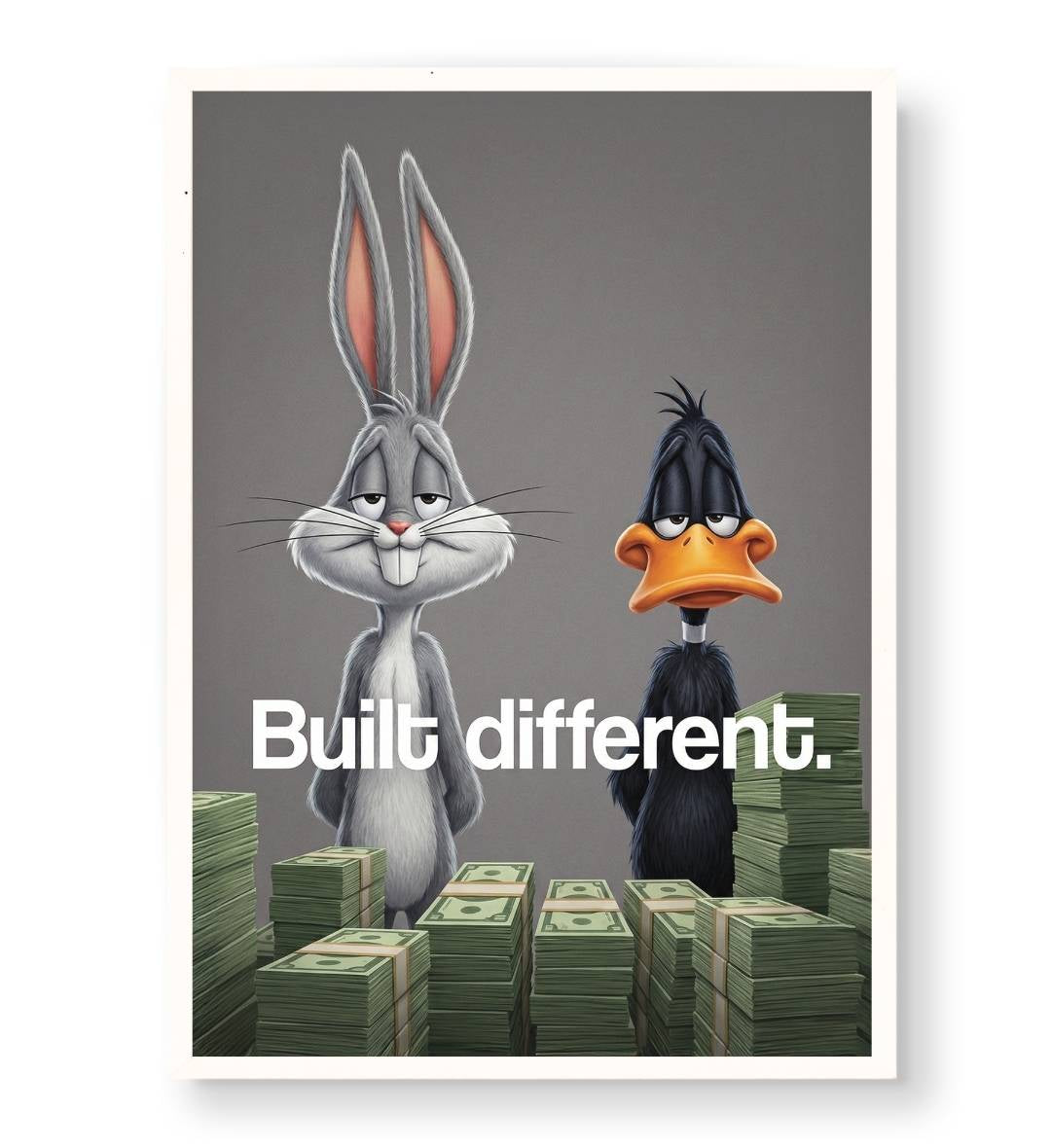 Modern office setup featuring motivational cartoon money wall art.