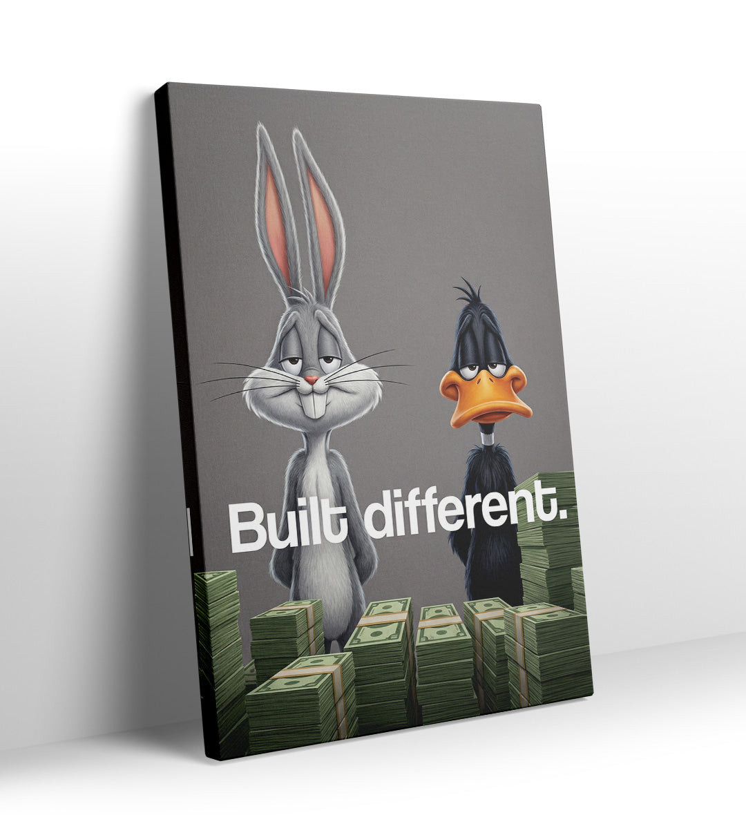 Man cave wall hanging with funny "Built Different" typography art.