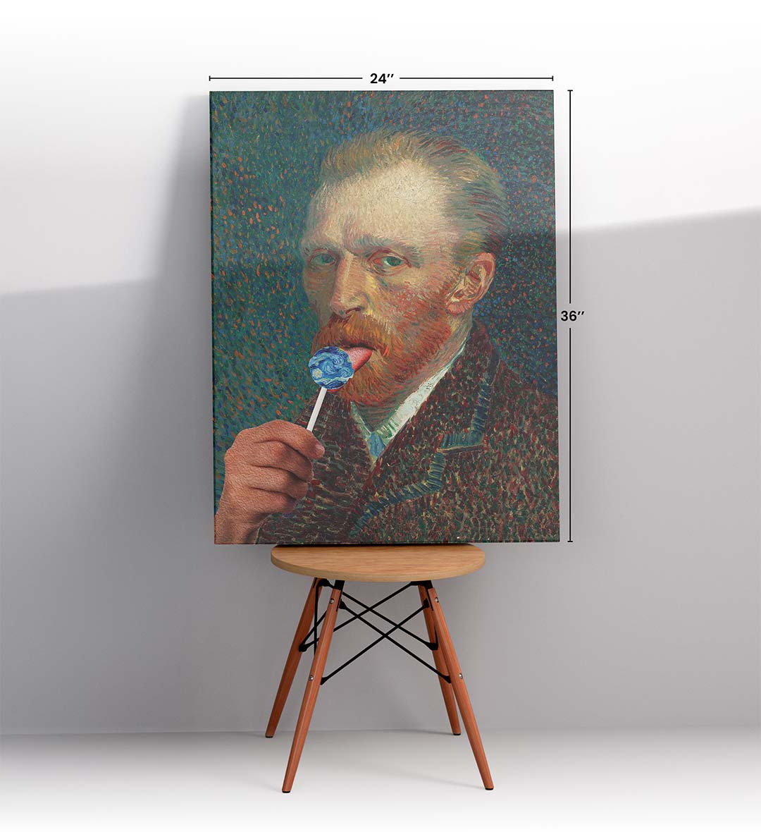 Vincent Van Gogh parody canvas wall art with Starry Night lollipop, perfect for modern Indian home decor.