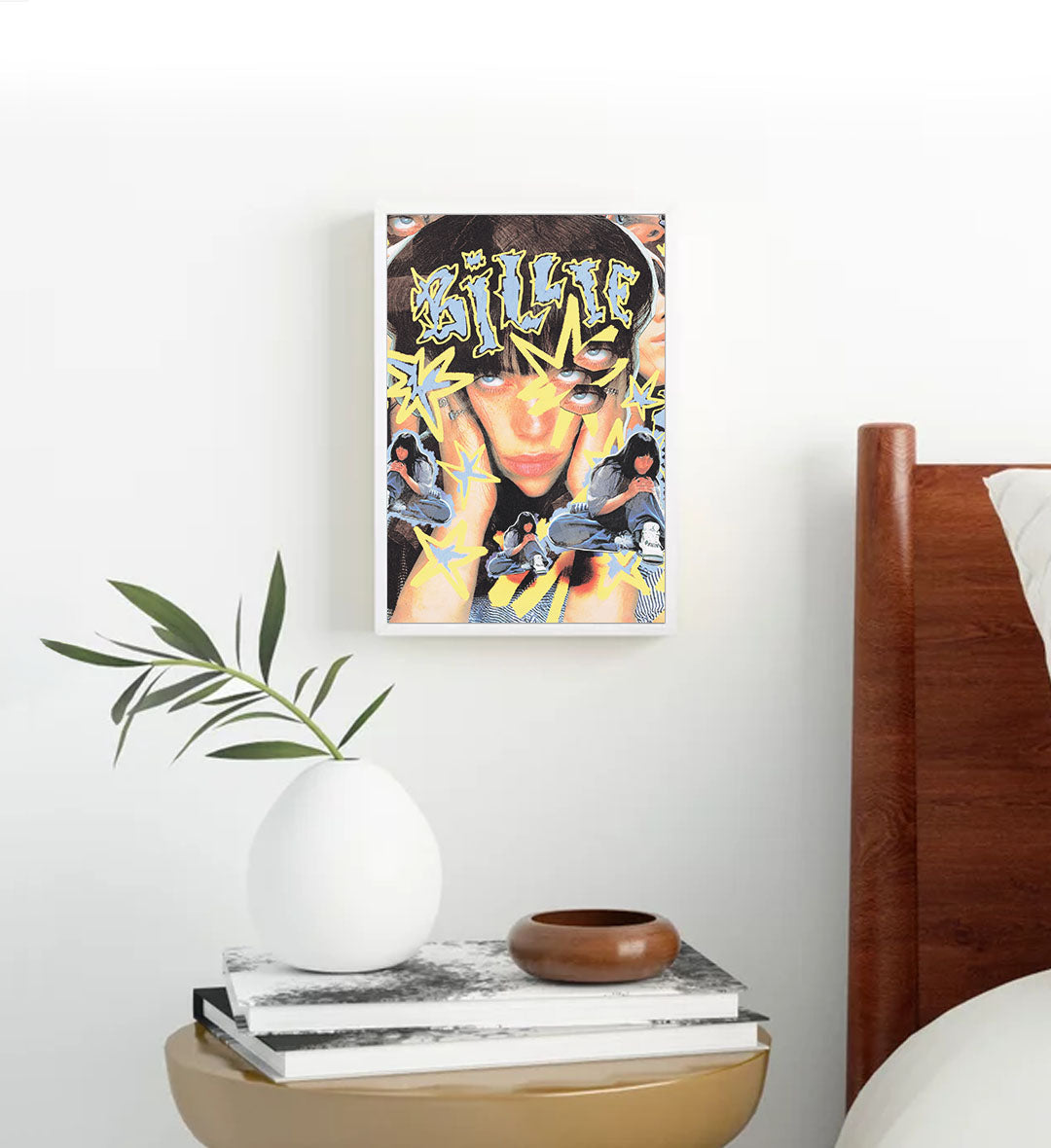 Billie Eilish Cosmic Vibe pop icon wall art with yellow stars and blue accents for Indian home decor.