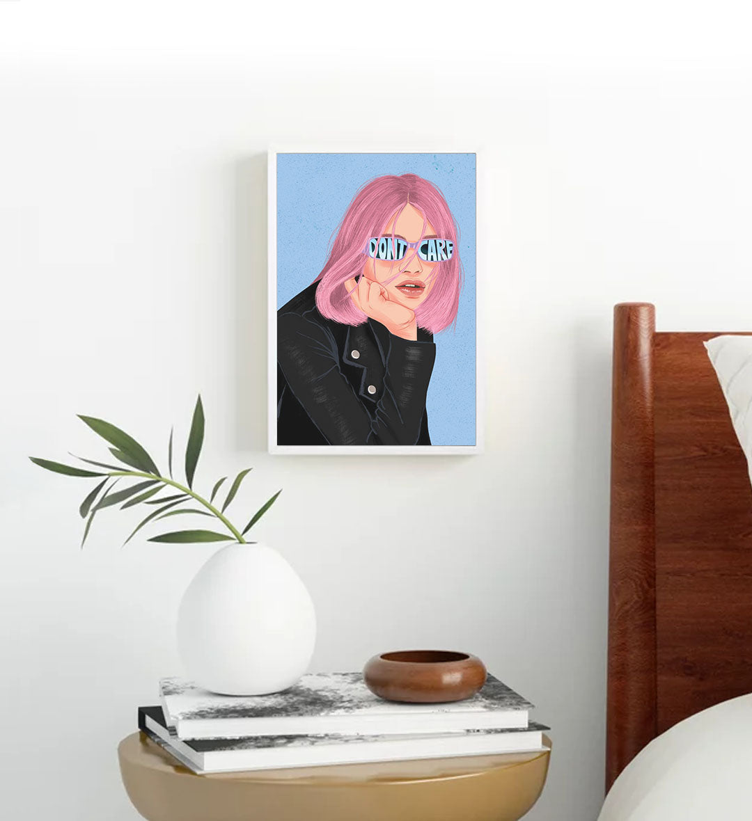 Carefree Rebel pop art wall canvas print with pink hair and sunglasses for Indian home decor.