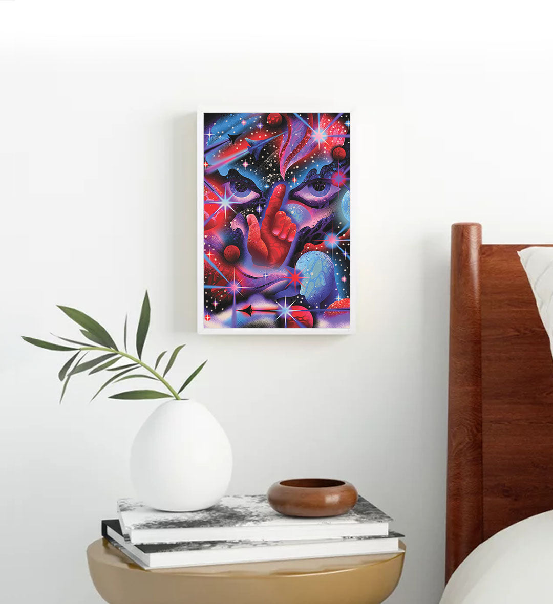 Cosmic Whisper with surreal hand and spaceship wall art for Indian home decor.