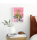 Doja Cat’s Glam Lounge whimsical pet wall art with a ginger cat in a pink bedroom for Indian home decor.
