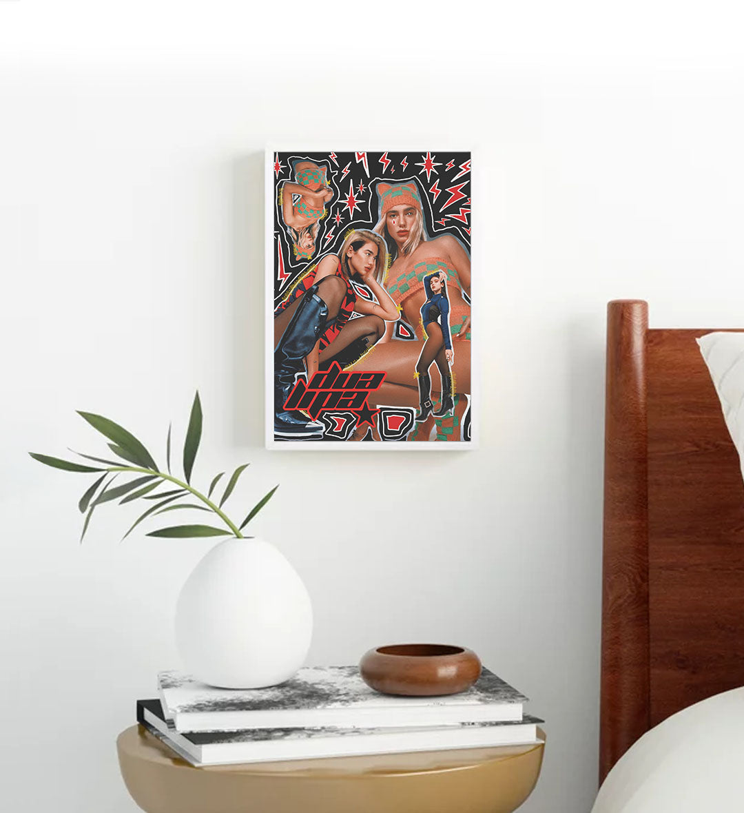Dua Lipa Electric Beat pop star wall art with red lightning bolts and checkerboard pattern for Indian home decor.