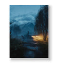 Mysterious journey canvas wall art with car and dog in misty mountains, perfect for modern Indian home decor.