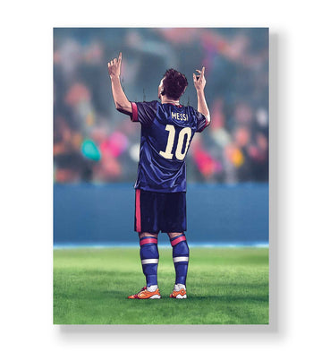 Lionel Messi canvas wall art in Barcelona jersey celebrating, perfect for modern Indian sports home decor.
