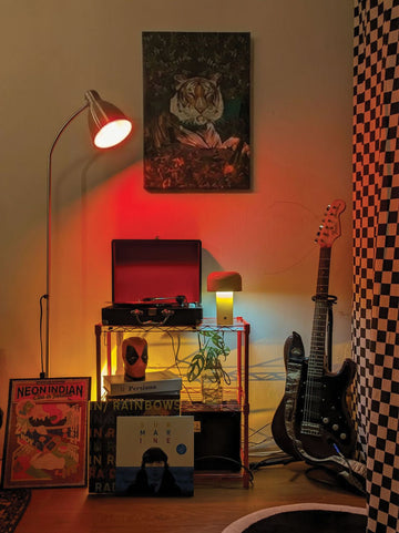 Room interior with a record player, guitar, and tiger wall art on the wall.