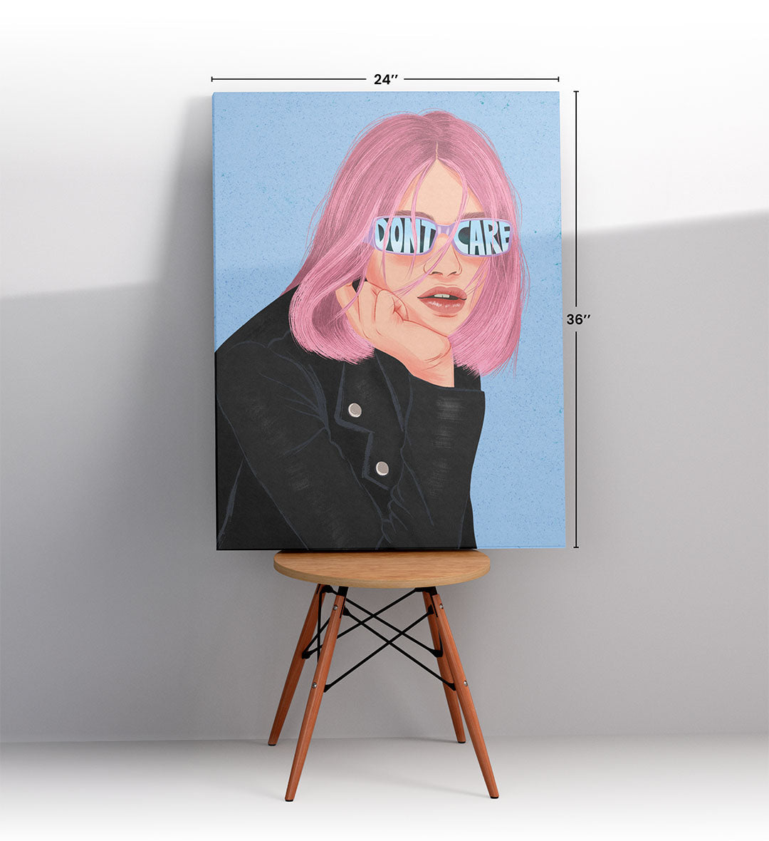 Carefree Rebel pop art wall canvas print with pink hair and sunglasses for Indian home decor.