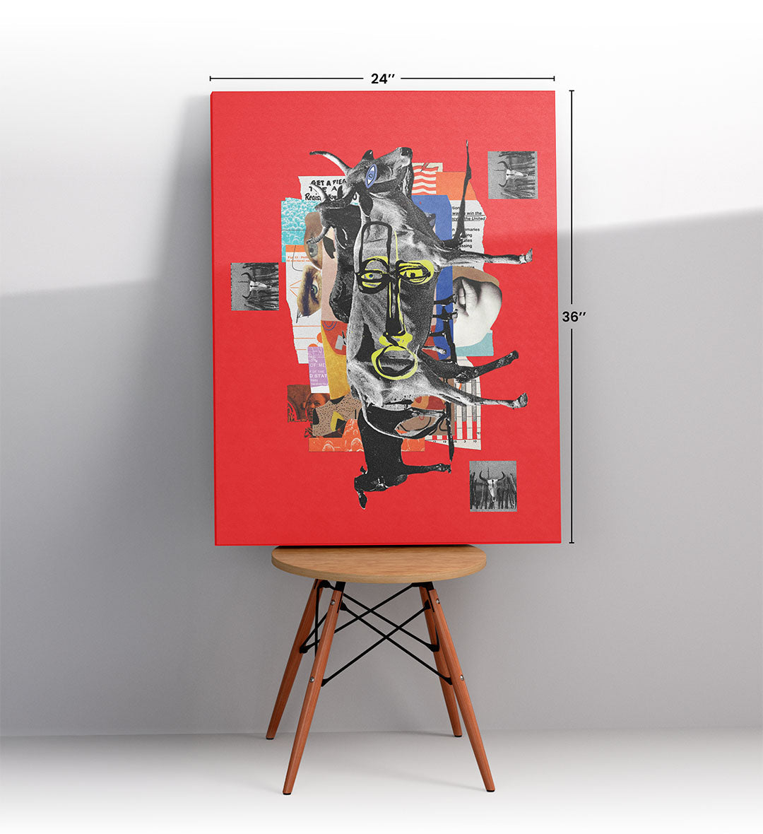 Chaotic Collage Fusion with abstract bull design wall art for Indian home decor.