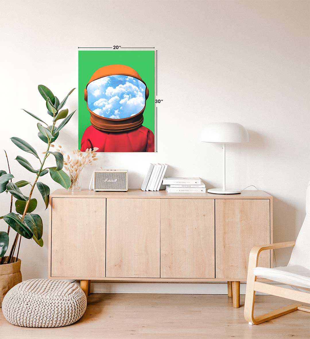 Astronaut canvas wall art with clouds in visor, perfect for modern Indian home decor.