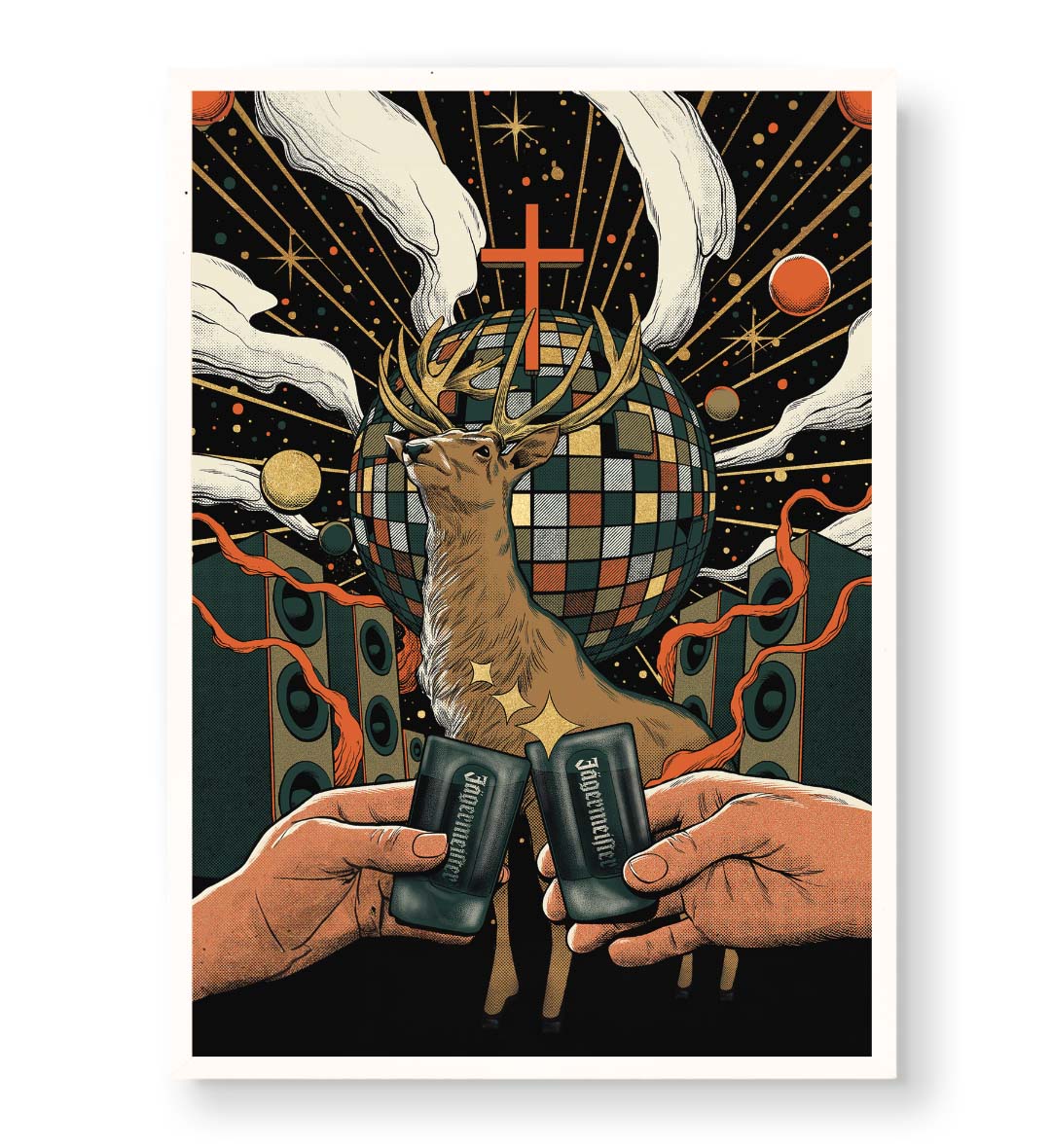 Cosmic Party Stag with surreal disco design wall art for home decor.