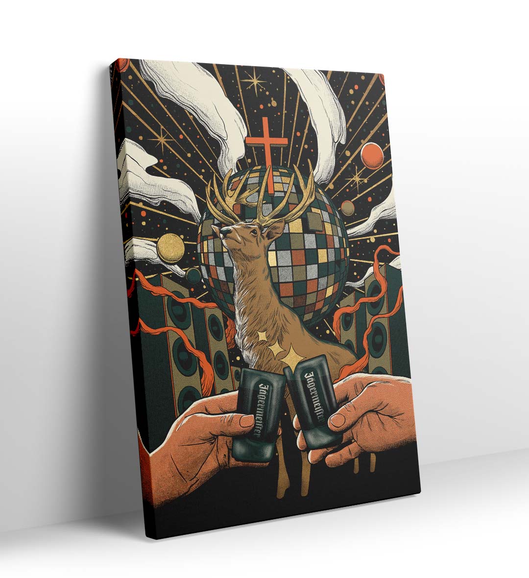 Cosmic Party Stag with surreal disco design wall art for home decor.