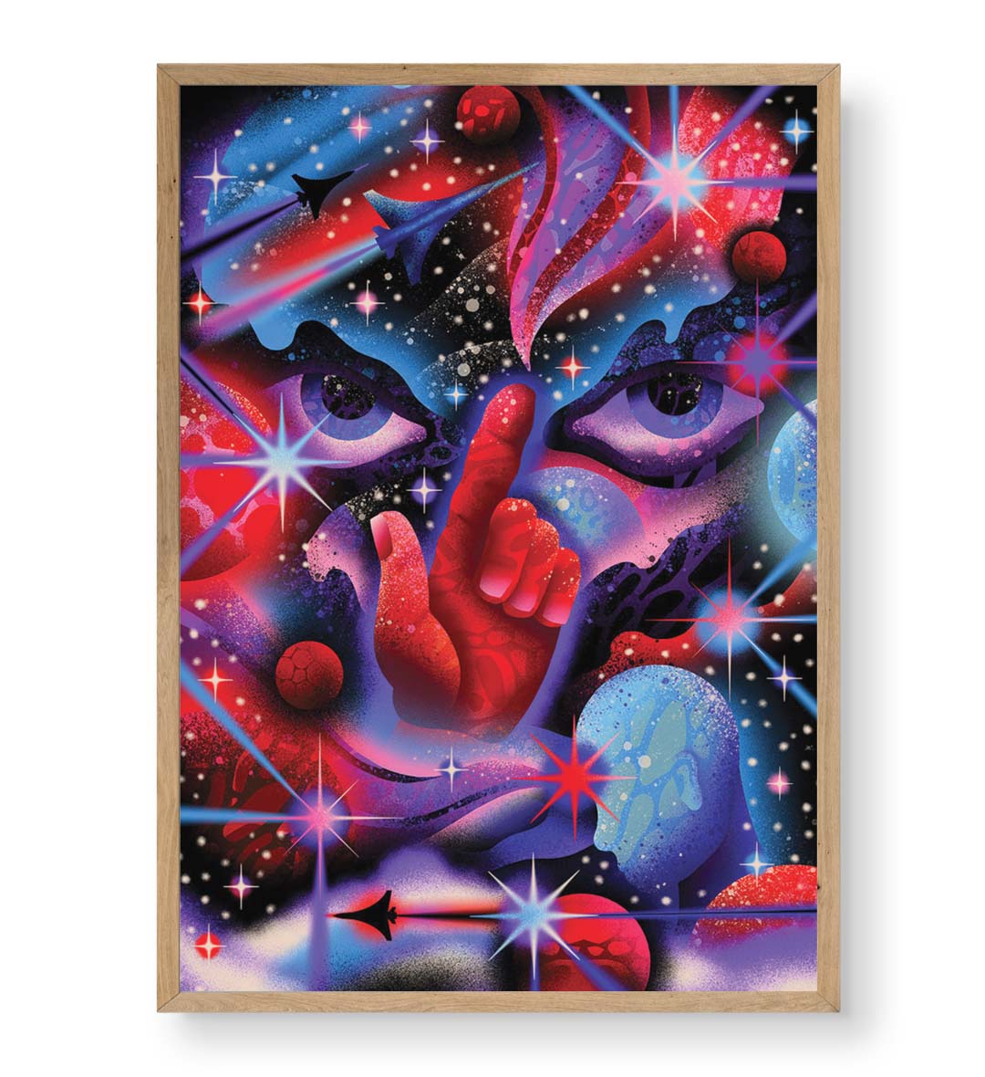 Cosmic Whisper with surreal hand and spaceship wall art for Indian home decor.