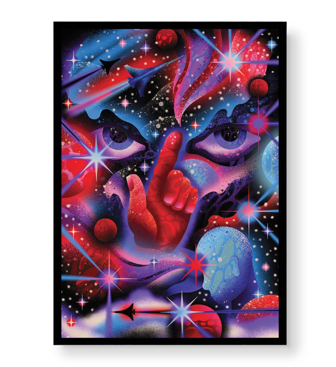 Cosmic Whisper with surreal hand and spaceship wall art for Indian home decor.